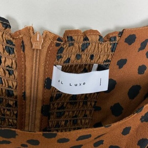 JL Luxe Kourt Cheetah Animal Print Midi Dress Womens 4 Brown Square Neck Smocked - Picture 4 of 9
